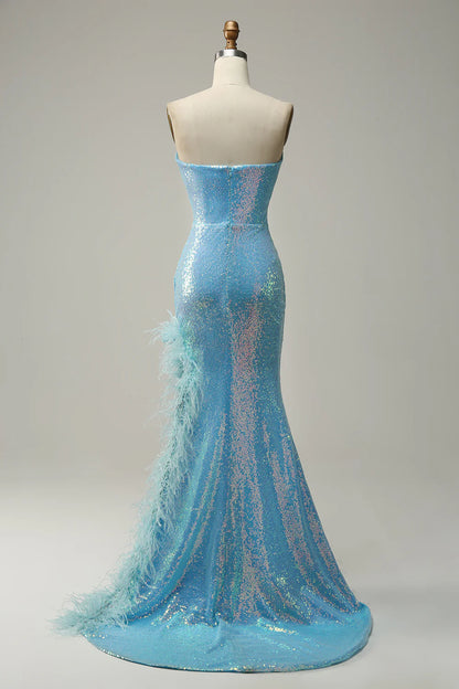 Mermaid Sweet Sweetheart Light Blue Sequin Feather Long Ball Dress