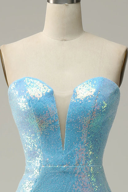 Mermaid Sweet Sweetheart Light Blue Sequin Feather Long Ball Dress