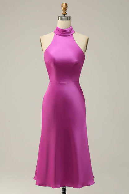 High quality satin purple red elegant slim fitting bridesmaid dress