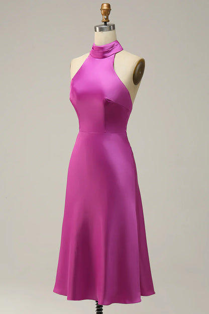 High quality satin purple red elegant slim fitting bridesmaid dress