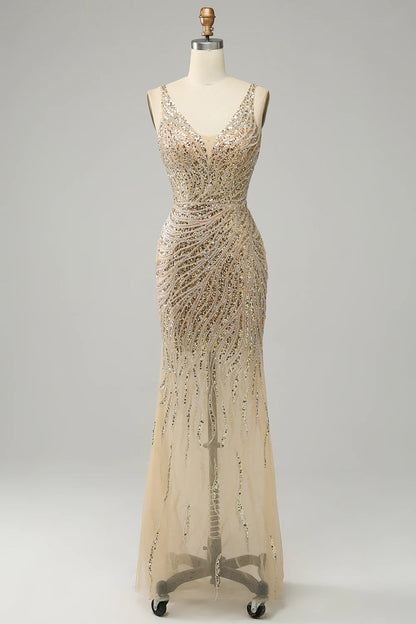 Golden sexy and elegant backless bright sequin ball dress