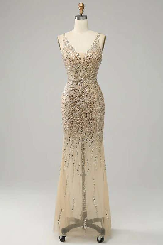 Golden sexy and elegant backless bright sequin ball dress