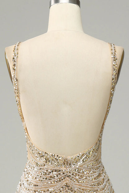 Golden sexy and elegant backless bright sequin ball dress