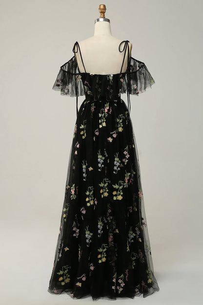 Sexy A-line V-neck Italian spaghetti strap embroidered gray blue slit long ball dress