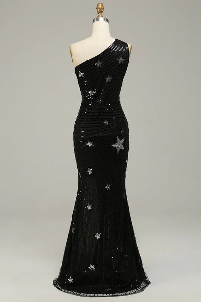 Vivid sequin mermaid sexy one shoulder black celebrity long ball dress