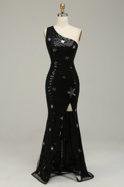 Vivid sequin mermaid sexy one shoulder black celebrity long ball dress