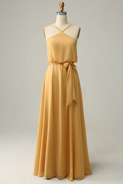 Elegant and sexy one line collar Halter yellow bow long bridesmaid dress