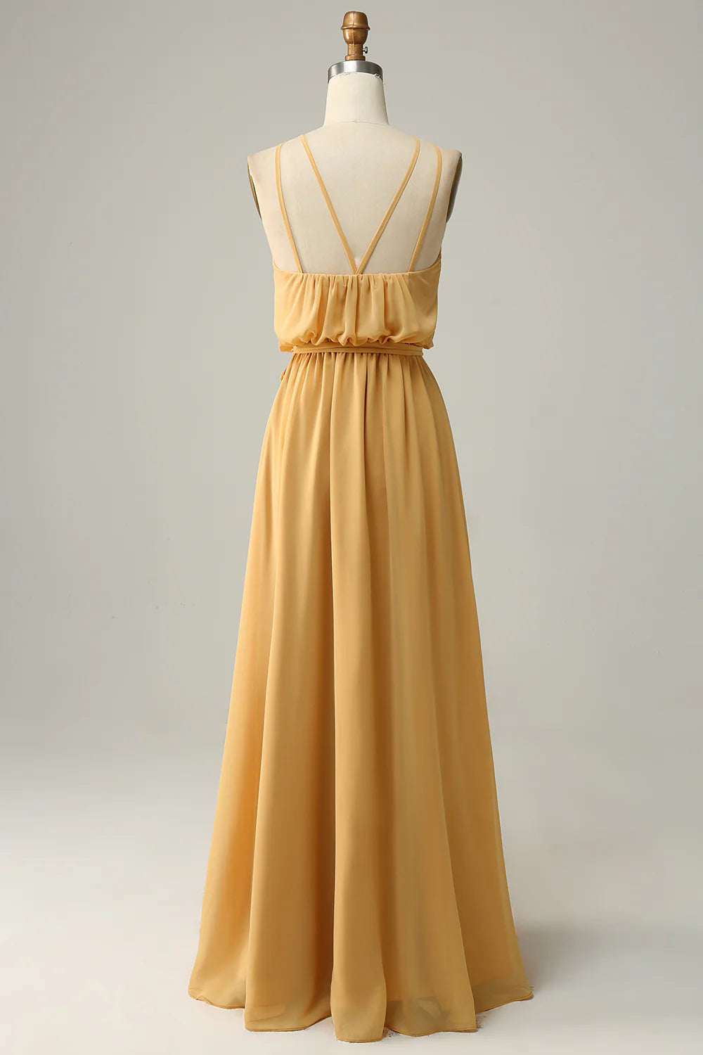Elegant and sexy one line collar Halter yellow bow long bridesmaid dress