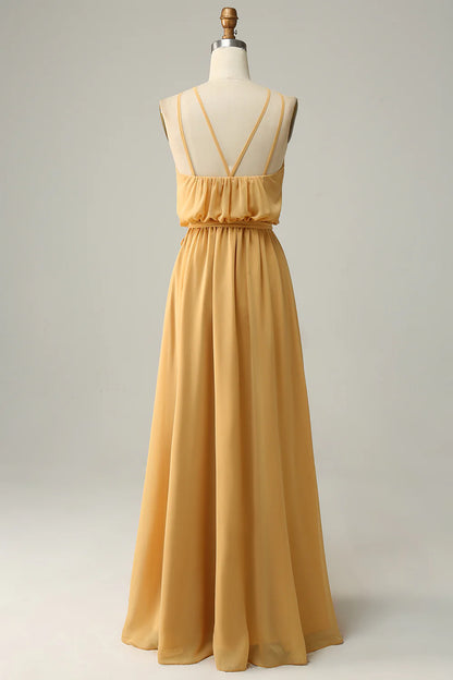 Elegant and sexy one line collar Halter yellow bow long bridesmaid dress