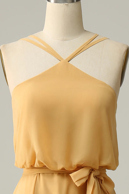 Elegant and sexy one line collar Halter yellow bow long bridesmaid dress