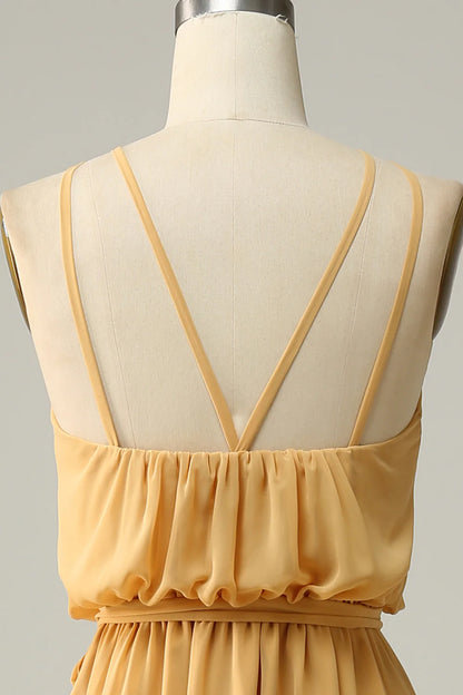 Elegant and sexy one line collar Halter yellow bow long bridesmaid dress