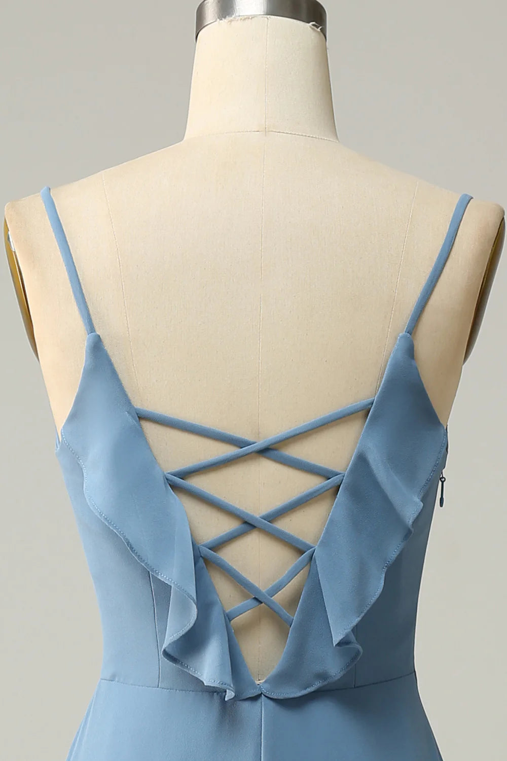 A-line spaghetti strap gray blue long ruffled bridesmaid skirt