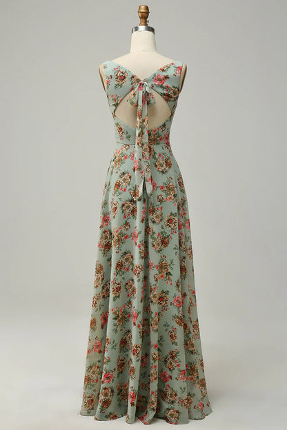 One line square neck green open front flower long slim fit bridesmaid dress