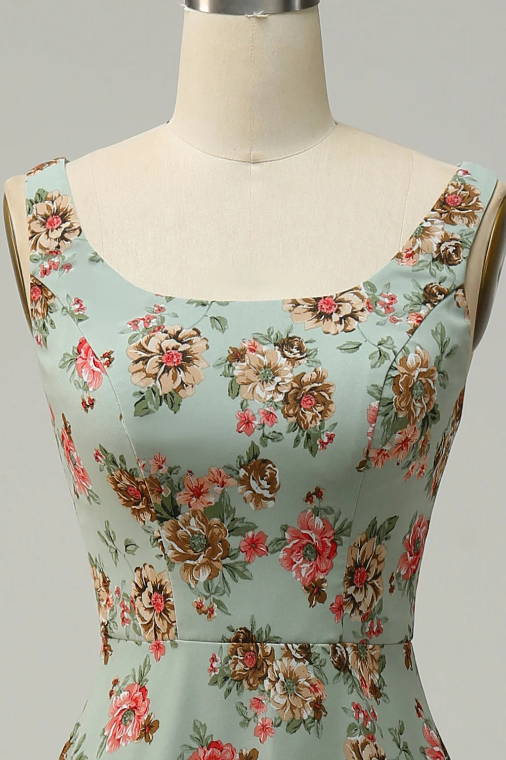 One line square neck green open front flower long slim fit bridesmaid dress