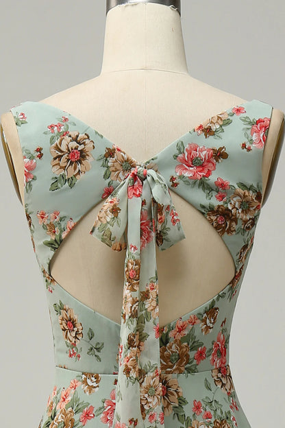 One line square neck green open front flower long slim fit bridesmaid dress