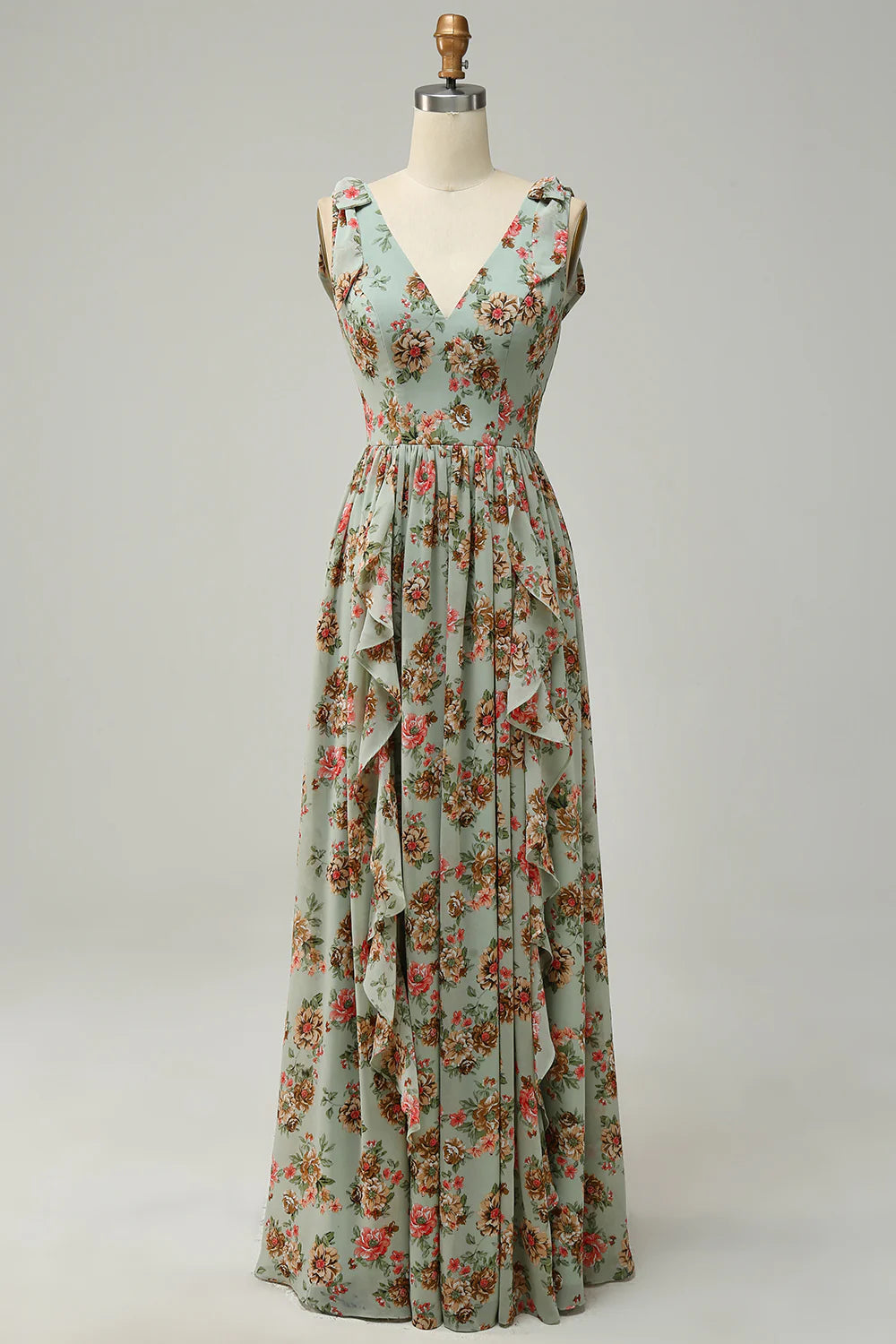 Elegant and sexy V-neck green flower print long slim fit bridesmaid dress