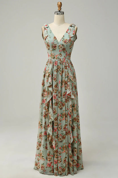 Elegant and sexy V-neck green flower print long slim fit bridesmaid dress