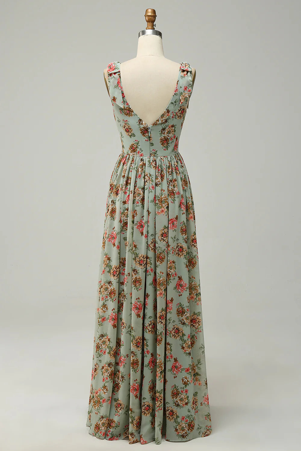 Elegant and sexy V-neck green flower print long slim fit bridesmaid dress