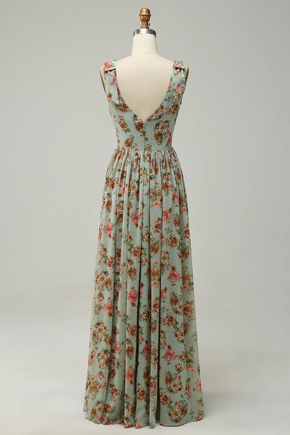 Elegant and sexy V-neck green flower print long slim fit bridesmaid dress