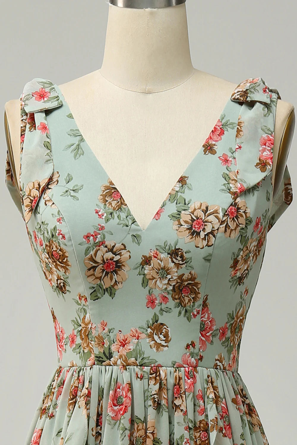 Elegant and sexy V-neck green flower print long slim fit bridesmaid dress