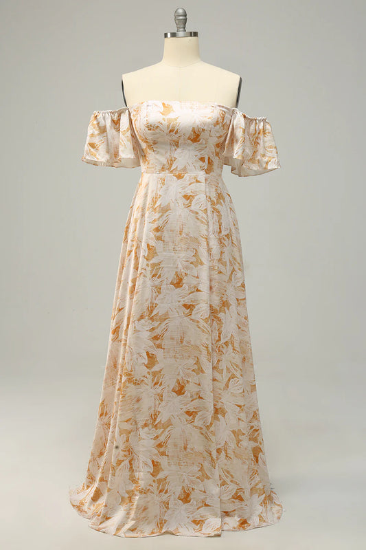 Sexy One Shoulder Yellow Flower Print Plus Size Bridesmaid Dress
