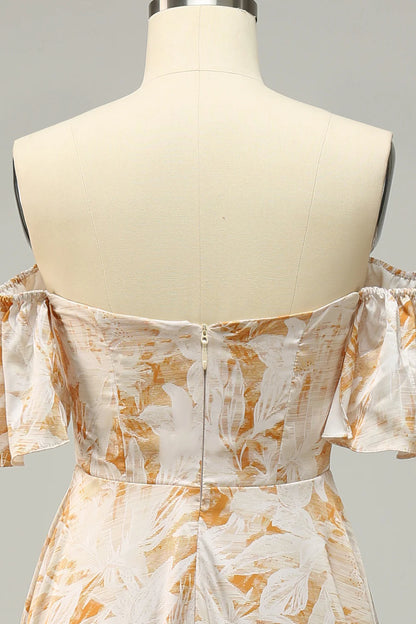 Sexy One Shoulder Yellow Flower Print Plus Size Bridesmaid Dress