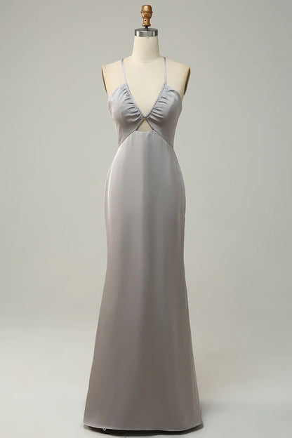 Sweet slim fit mermaid spaghetti strap gray long backless bridesmaid dress
