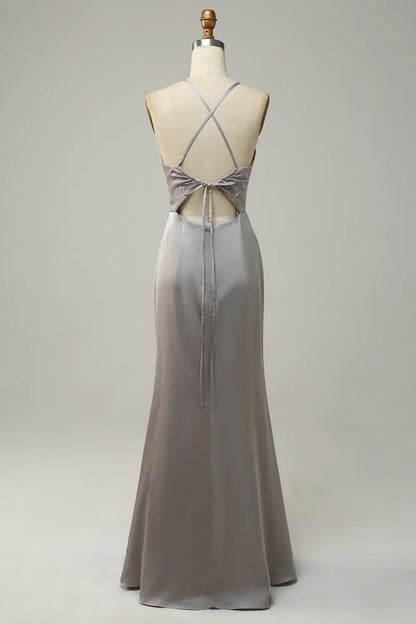 Sweet slim fit mermaid spaghetti strap gray long backless bridesmaid dress