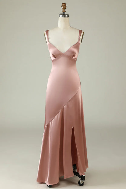Elegant Sweet powder blusher Asymmetrical Split Bridesmaid Dress