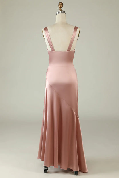 Elegant Sweet powder blusher Asymmetrical Split Bridesmaid Dress