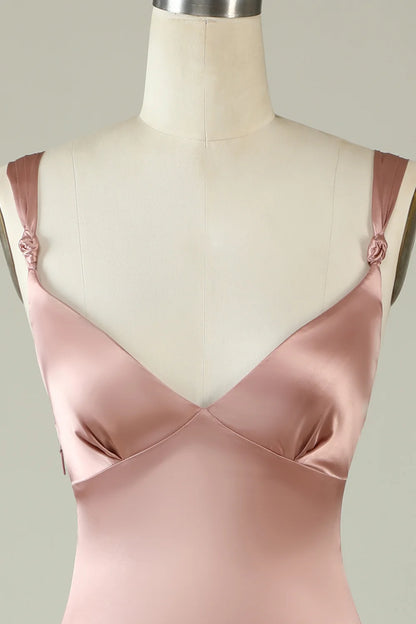 Elegant Sweet powder blusher Asymmetrical Split Bridesmaid Dress