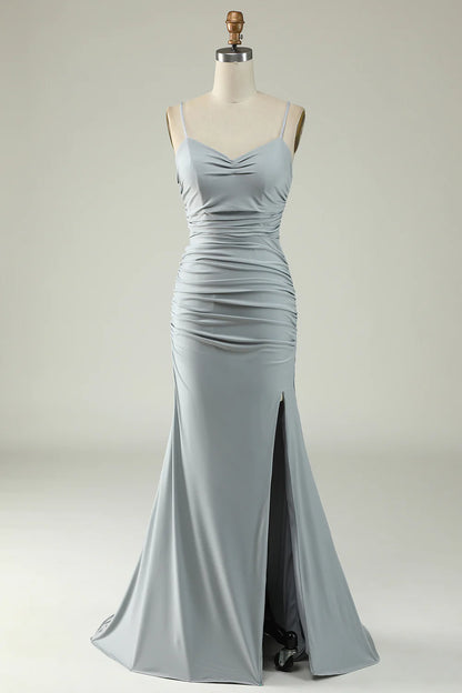 Slim fit mermaid spaghetti strap gray plus size cross back dance dress