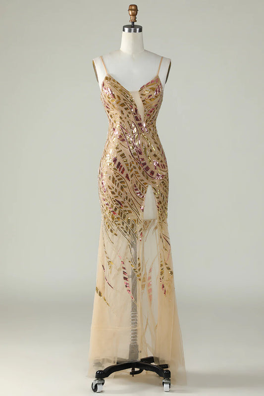 Sparkling and Sweet Mermaid Italian Noodle Strap with Gold Sequins Front Split Long Ball Dress