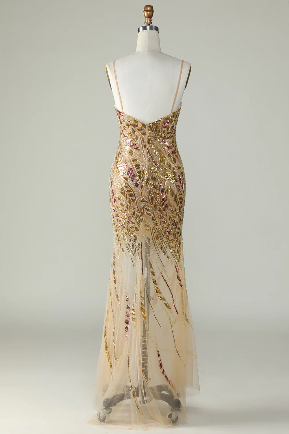 Sparkling and Sweet Mermaid Italian Noodle Strap with Gold Sequins Front Split Long Ball Dress