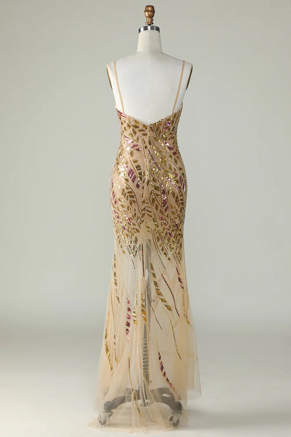 Sparkling and Sweet Mermaid Italian Noodle Strap with Gold Sequins Front Split Long Ball Dress