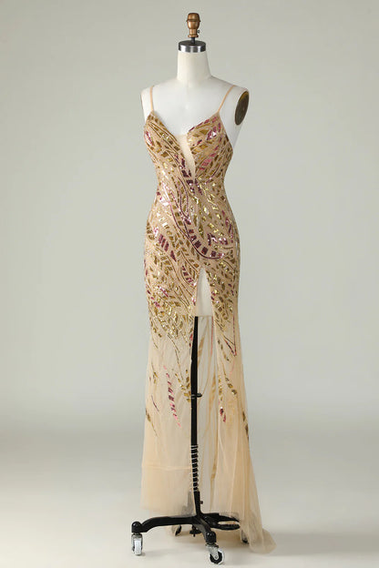 Sparkling and Sweet Mermaid Italian Noodle Strap with Gold Sequins Front Split Long Ball Dress
