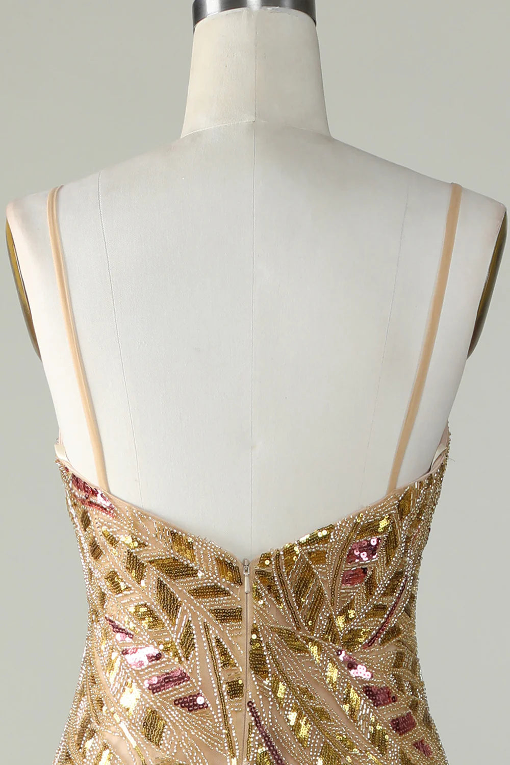 Sparkling and Sweet Mermaid Italian Noodle Strap with Gold Sequins Front Split Long Ball Dress