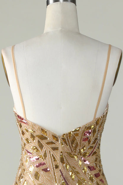 Sparkling and Sweet Mermaid Italian Noodle Strap with Gold Sequins Front Split Long Ball Dress