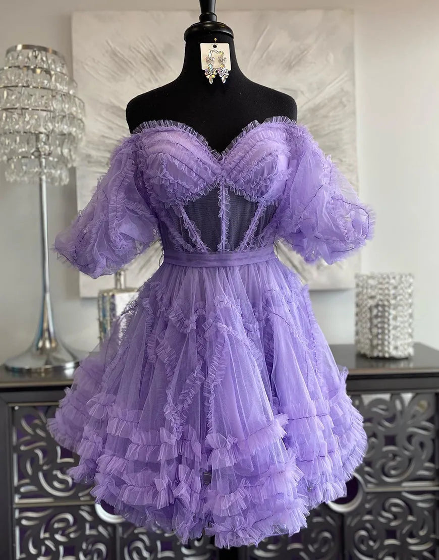 Cute, elegant, sexy off shoulder A-line short sheer party dress