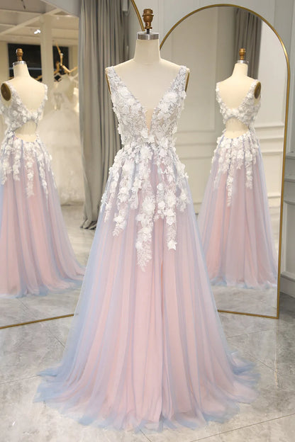 Romantic and sweet A-line V-neck keyhole back long sheer ball dress
