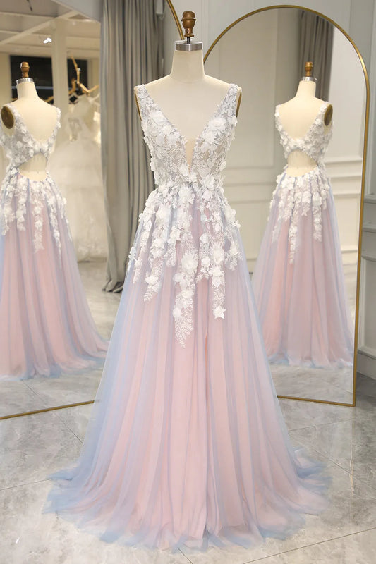 Romantic and sweet A-line V-neck keyhole back long sheer ball dress