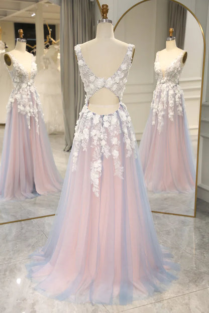 Romantic and sweet A-line V-neck keyhole back long sheer ball dress