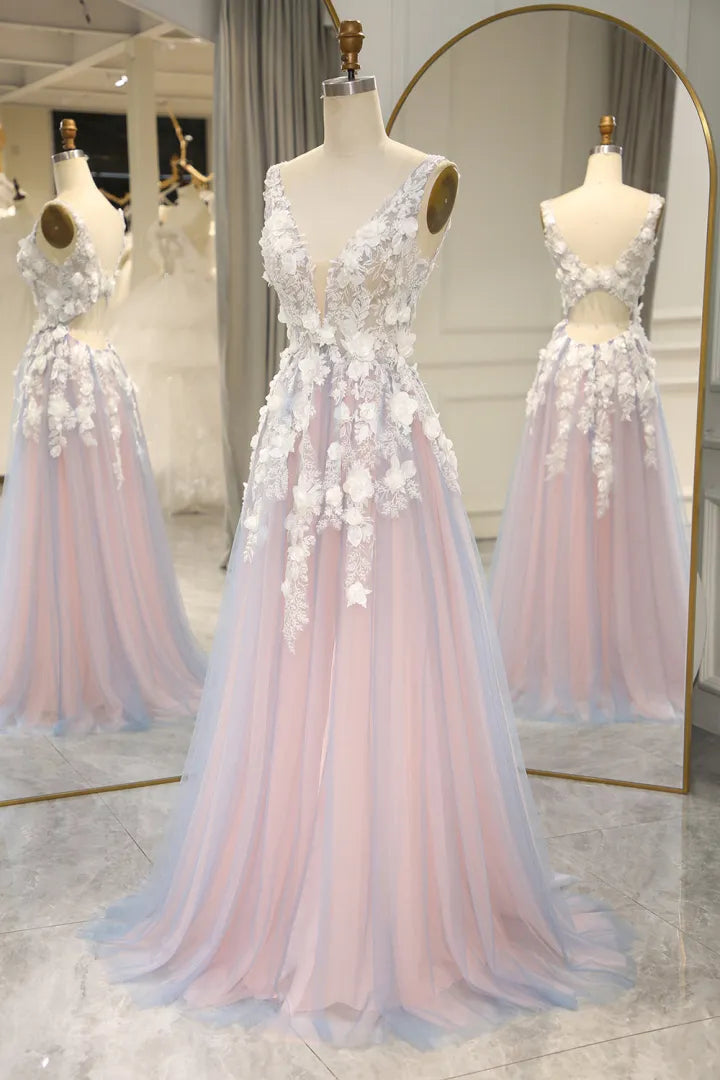 Romantic and sweet A-line V-neck keyhole back long sheer ball dress