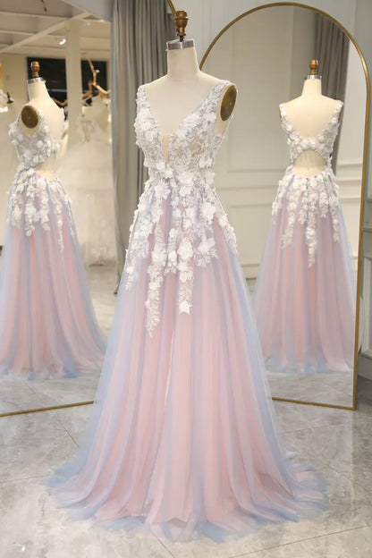 Romantic and sweet A-line V-neck keyhole back long sheer ball dress