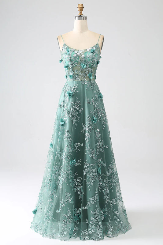 Sparkling Elegant Grey Green Italian Noodle Strap Lace Long Corset Ball Dress