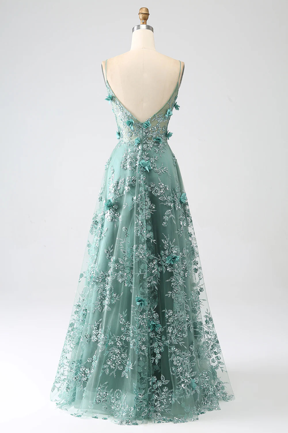 Sparkling Elegant Grey Green Italian Noodle Strap Lace Long Corset Ball Dress