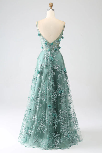 Sparkling Elegant Grey Green Italian Noodle Strap Lace Long Corset Ball Dress