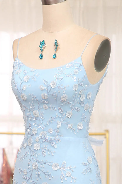 Sweet blue mermaid spaghetti lace up sequin ball long dress