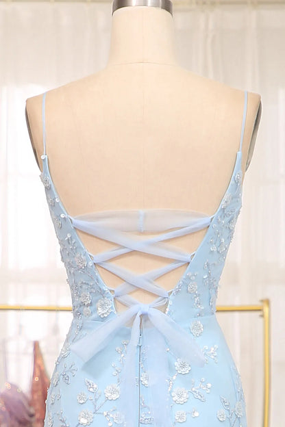 Sweet blue mermaid spaghetti lace up sequin ball long dress