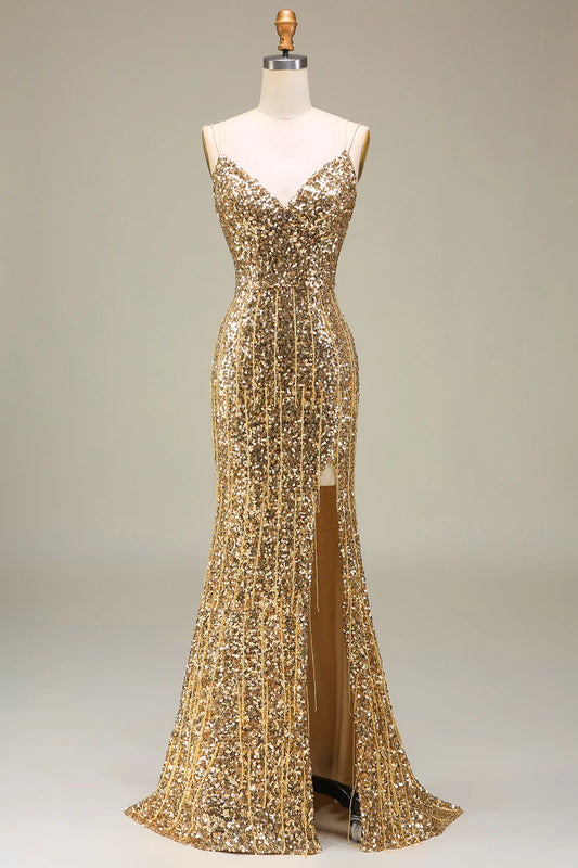 Sparkling and Elegant Mermaid Gold Long Split Ball Dress